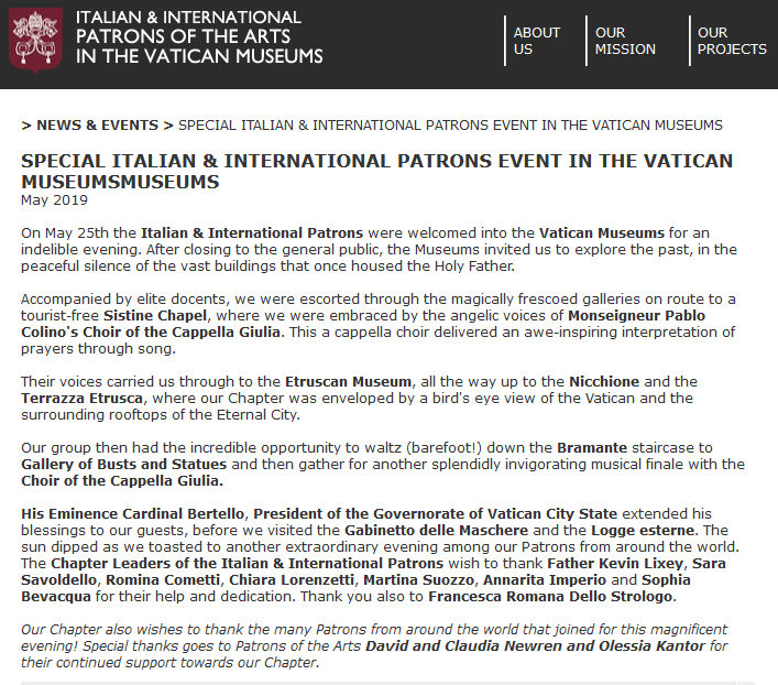 SPECIAL ITALIAN & INTERNATIONAL PATRONS EVENT IN THE VATICAN MUSEUMS