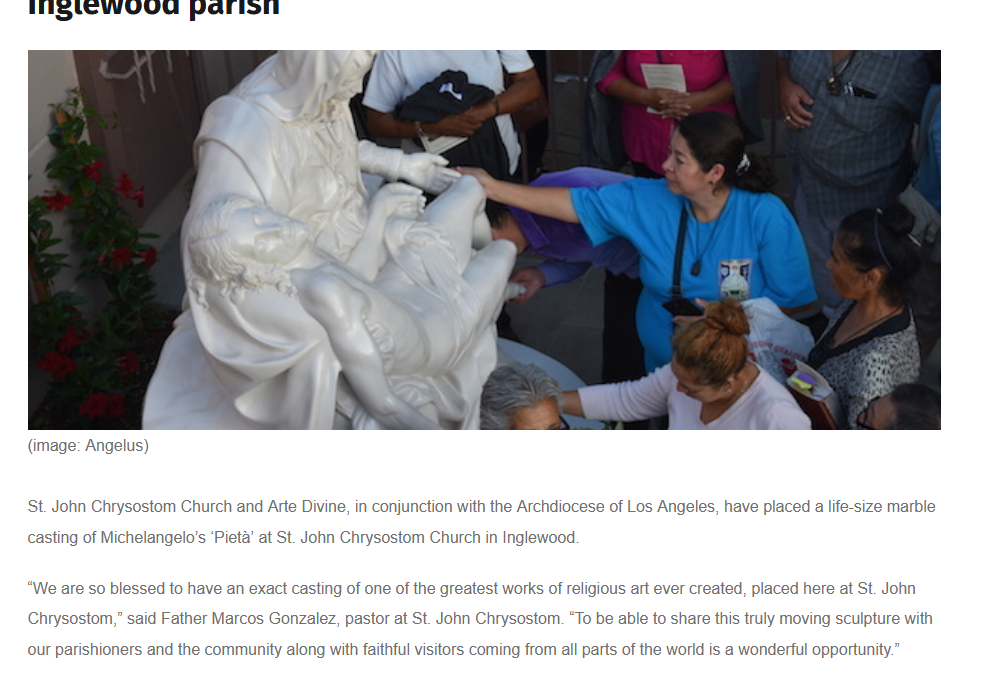 Life-size marble casting of Michelangelo’s Pietà placed at Inglewood parish